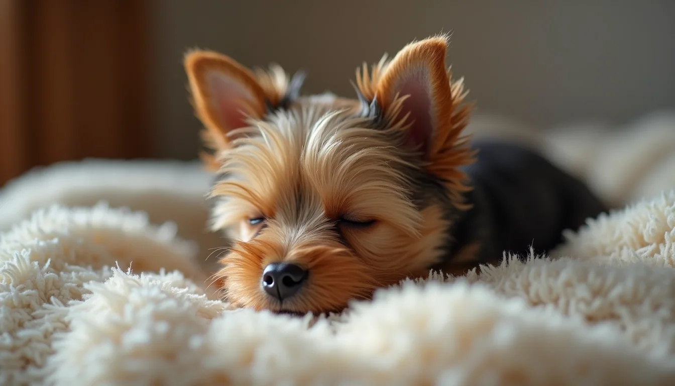 High angle view of a tiny Yorkie puppy sleeping peacefully in a cozy bed