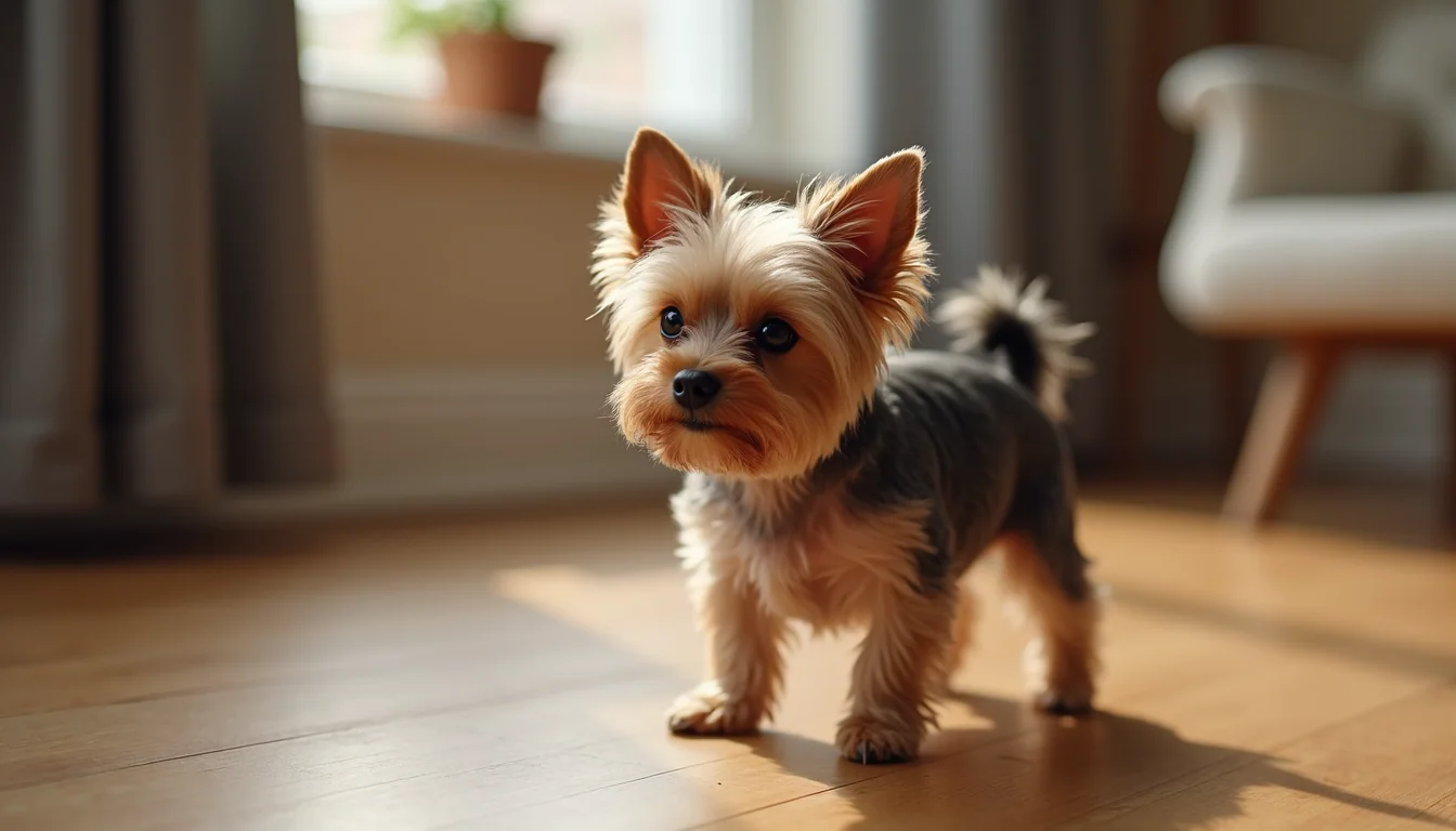 Close-up view of a tiny teacup Yorkie standing on a wooden floor