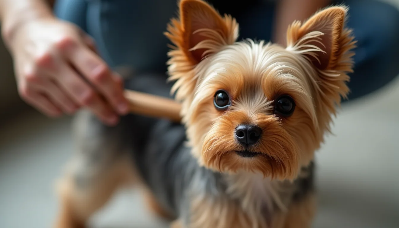 Eye-level view of a miniature Yorkie being gently brushed