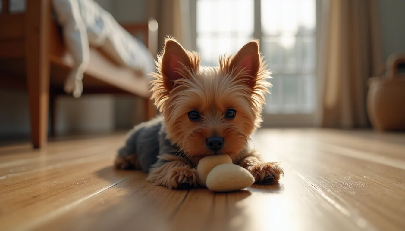 Close-up view of a Yorkie puppy playing with a soft toy on a wooden floor