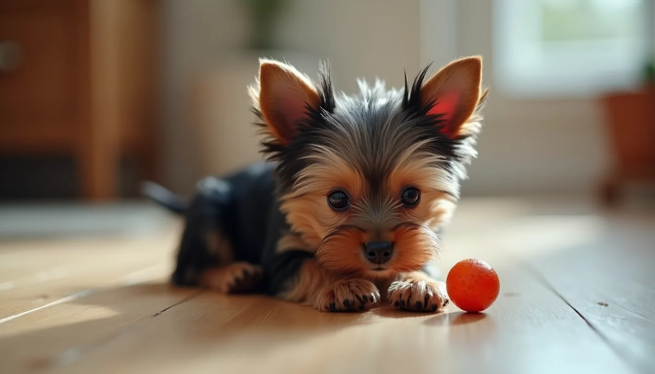 Close-up view of a miniature Yorkie puppy playing with a small toy