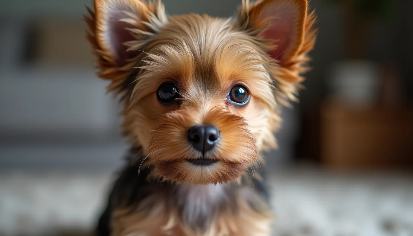 Close-up view of a healthy Yorkie puppy with bright eyes