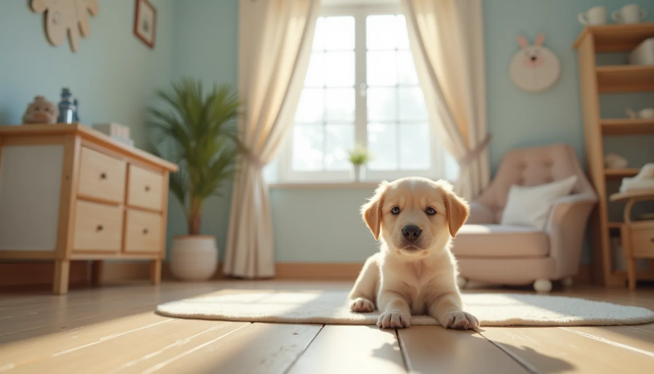 Eye-level view of a clean and cozy puppy nursery
