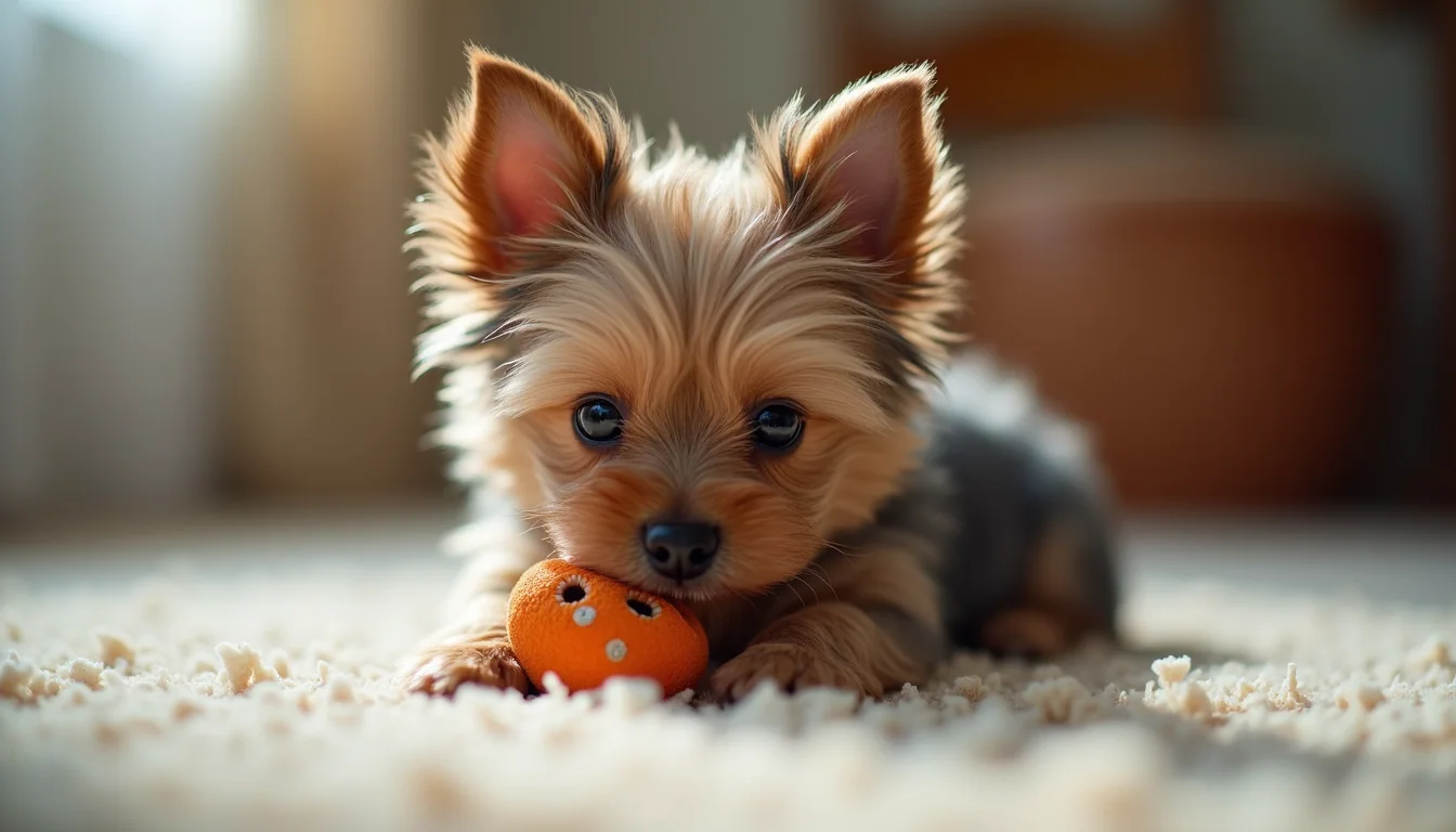 Close-up view of a Yorkie puppy playing with a small toy