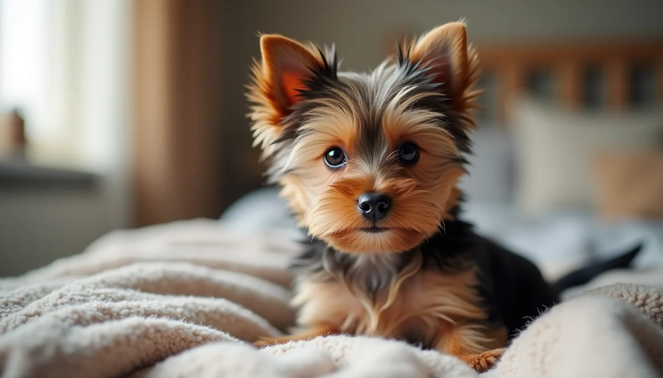 Eye-level view of a small Yorkie puppy sitting on a soft blanket