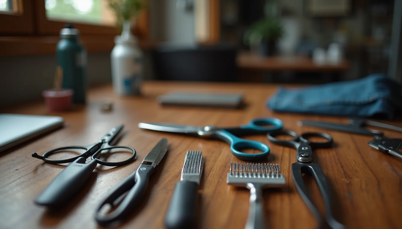 Eye-level view of grooming tools arranged neatly on a wooden table