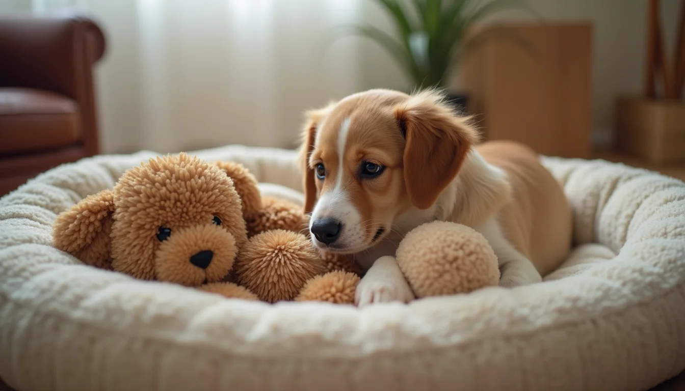Eye-level view of a cozy dog bed with small toys arranged neatly