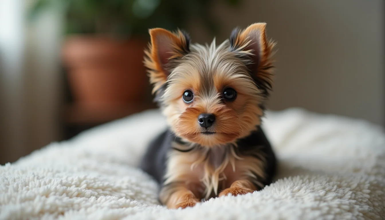 Close-up view of a teacup Yorkie puppy sitting on a soft blanket