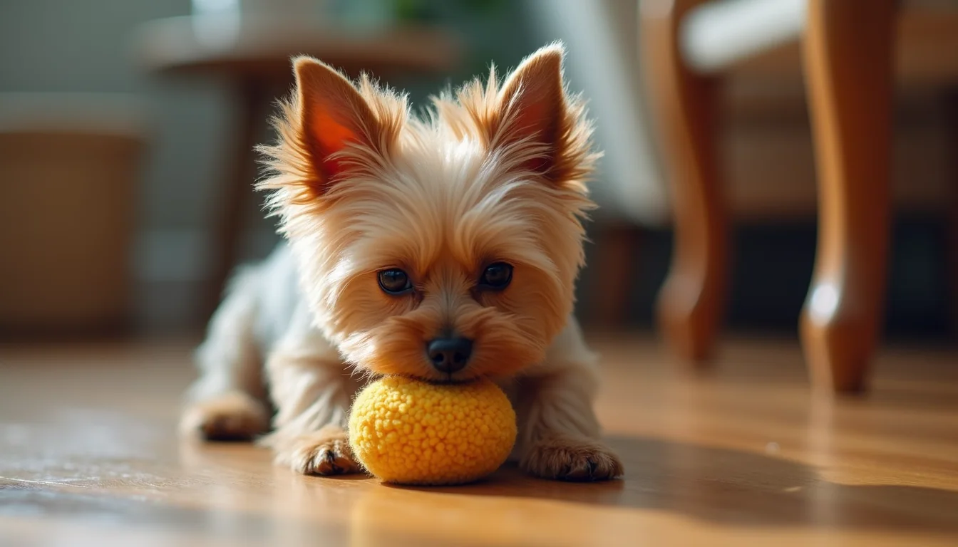 Eye-level view of a small Yorkie playing with a soft toy on a wooden floor