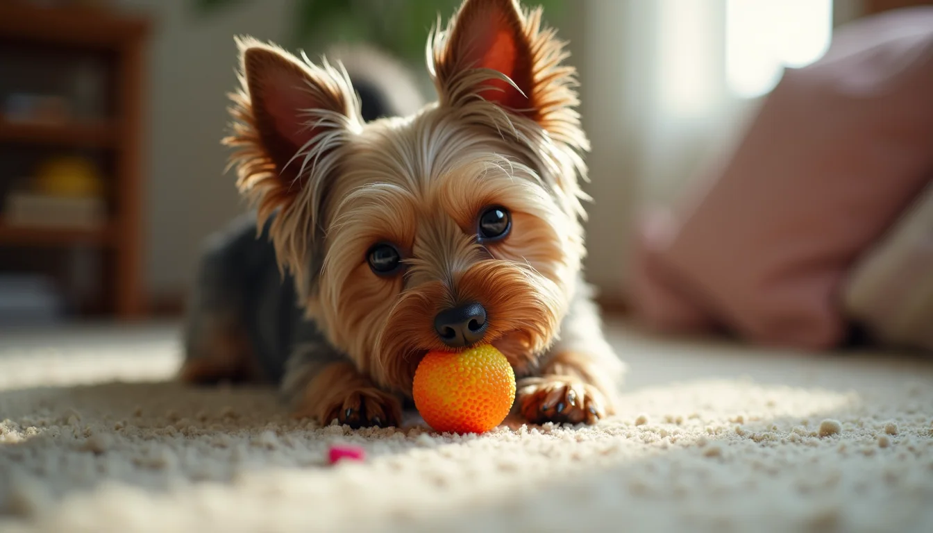 Eye-level view of a Yorkshire Terrier playing with a colorful toy