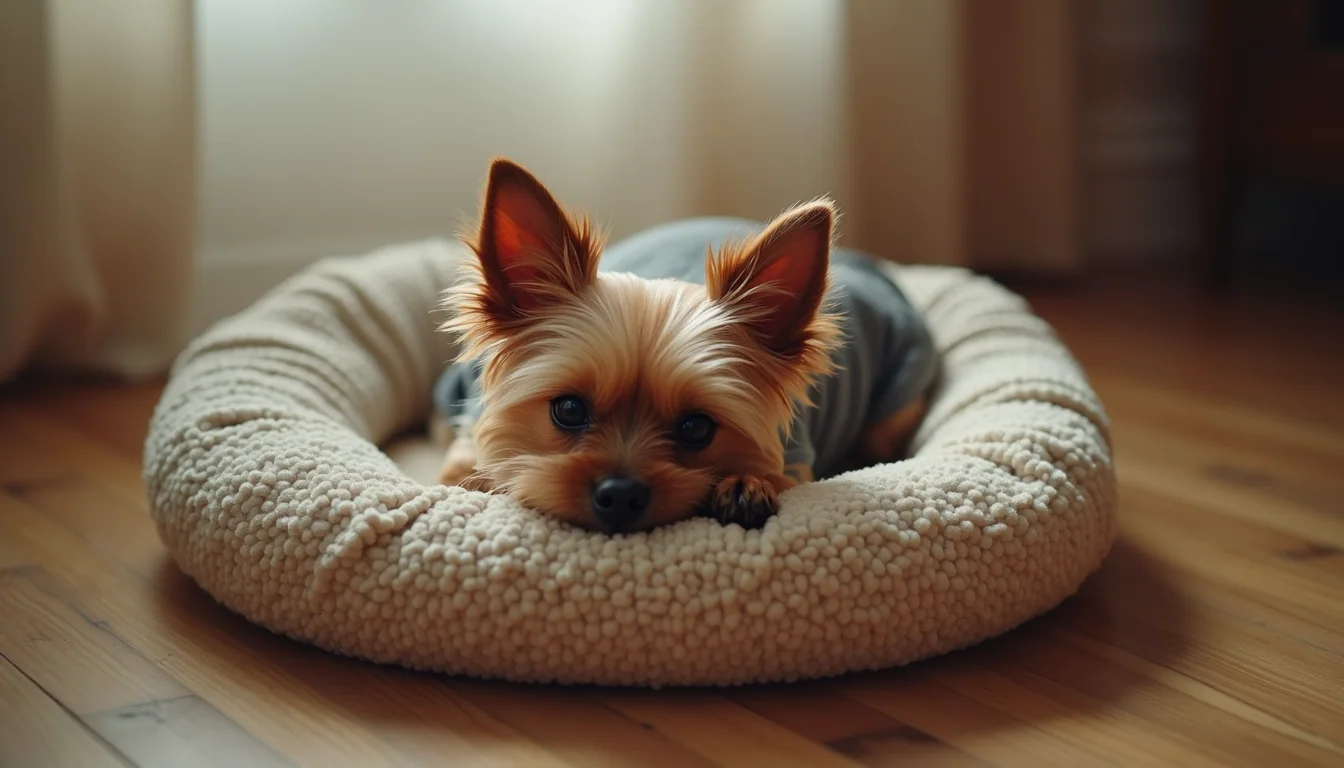 High angle view of a small dog bed with a teacup Yorkie resting peacefully