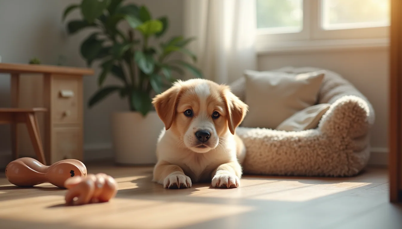 Eye-level view of a cozy puppy corner with a small bed and toys