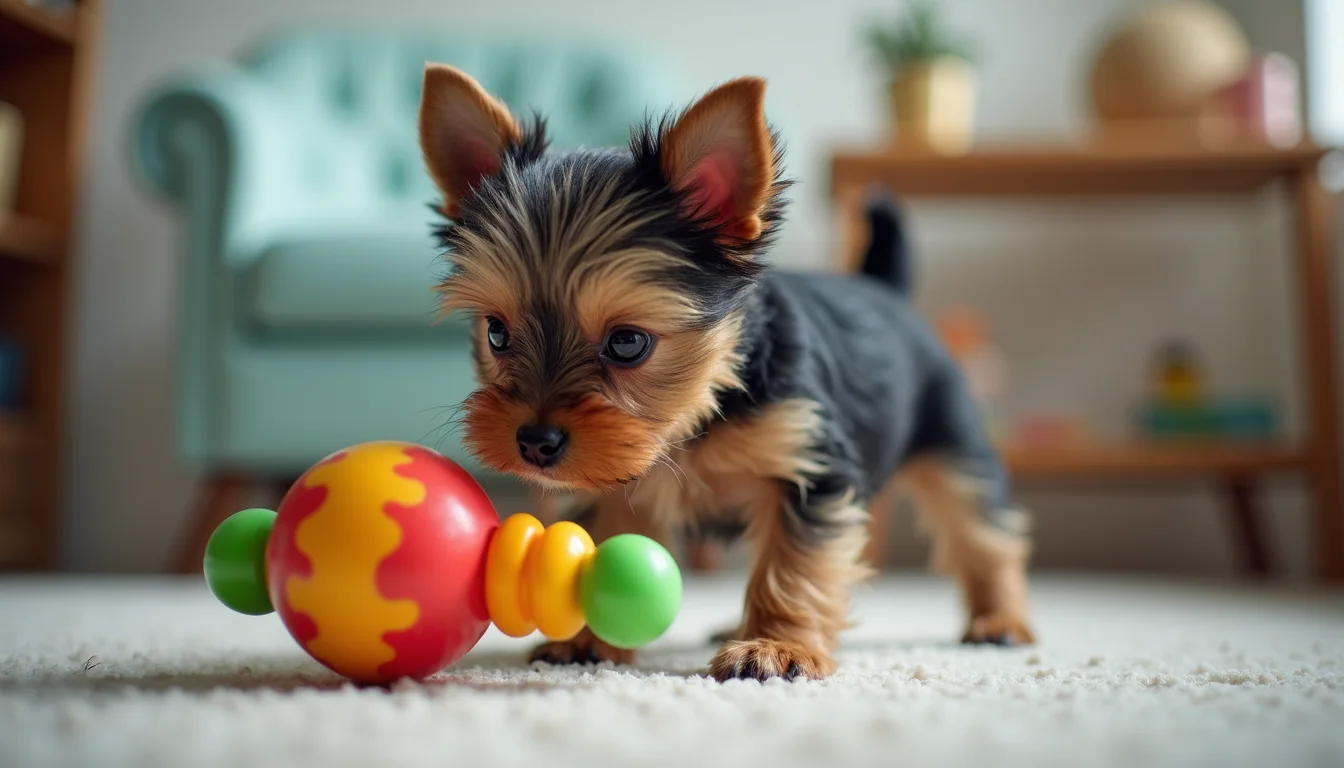 High angle view of a miniature Yorkie playing with a colorful toy