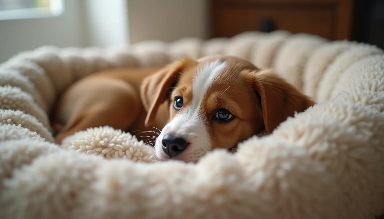 Close-up view of a cozy puppy bed with soft blankets