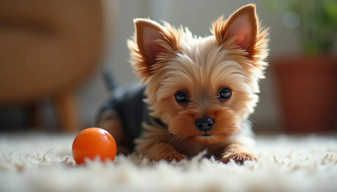 Eye-level view of a teacup Yorkie puppy playing with a small toy