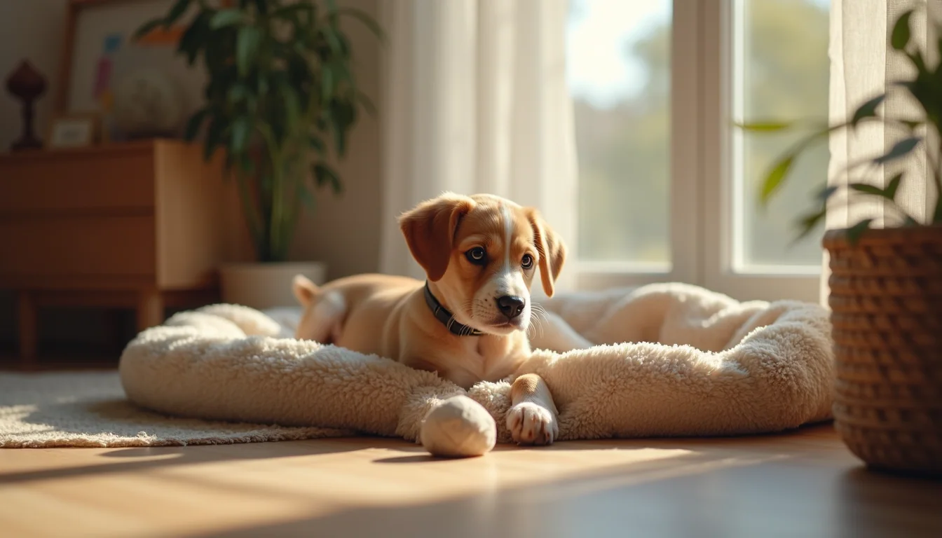 High angle view of a cozy puppy corner with bed and toys